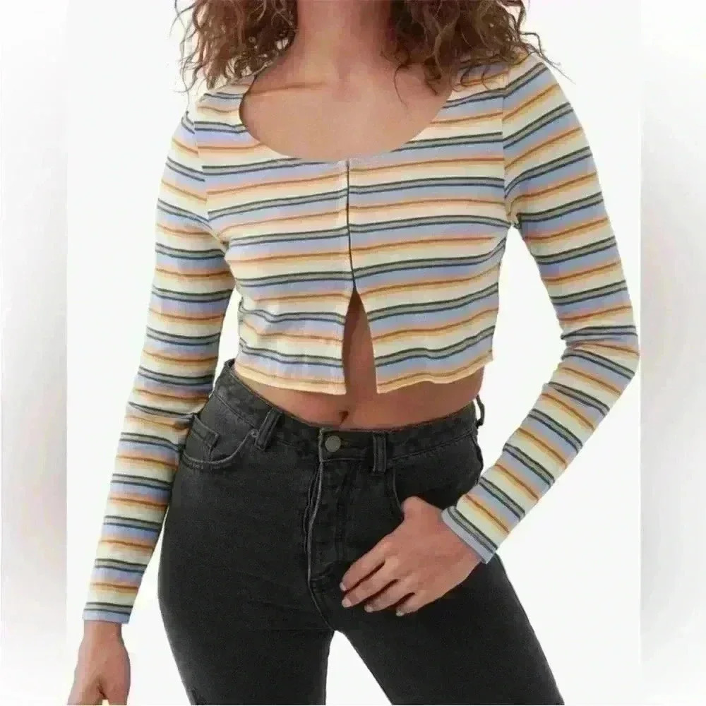 O'Neill Raissa Stripe Long Sleeve Cotton Crop Top in Multi Color Size Large NWT